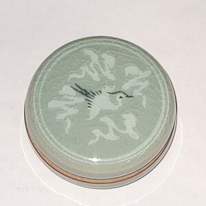VTG Green Celadon Miniature Jar Flying Crane Lid LiddedPaste Dish Signed Asian
